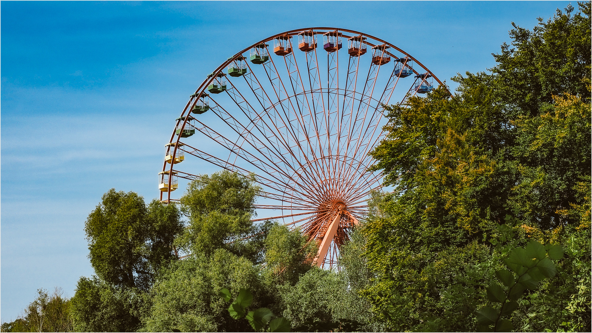 Riesenrad im Spreepark hinter Bäumen