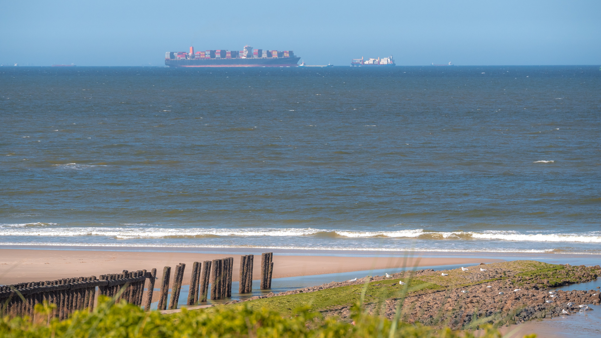 Containerschiff mit Strand im Vordergrund