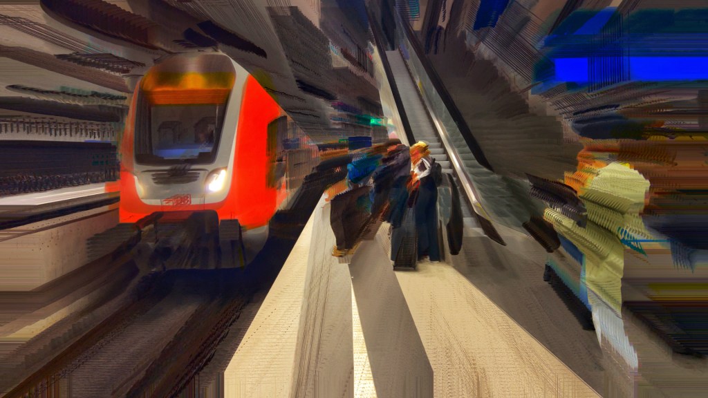 Regionalbahn am Bahnsteig, mit Filter verfremdet
