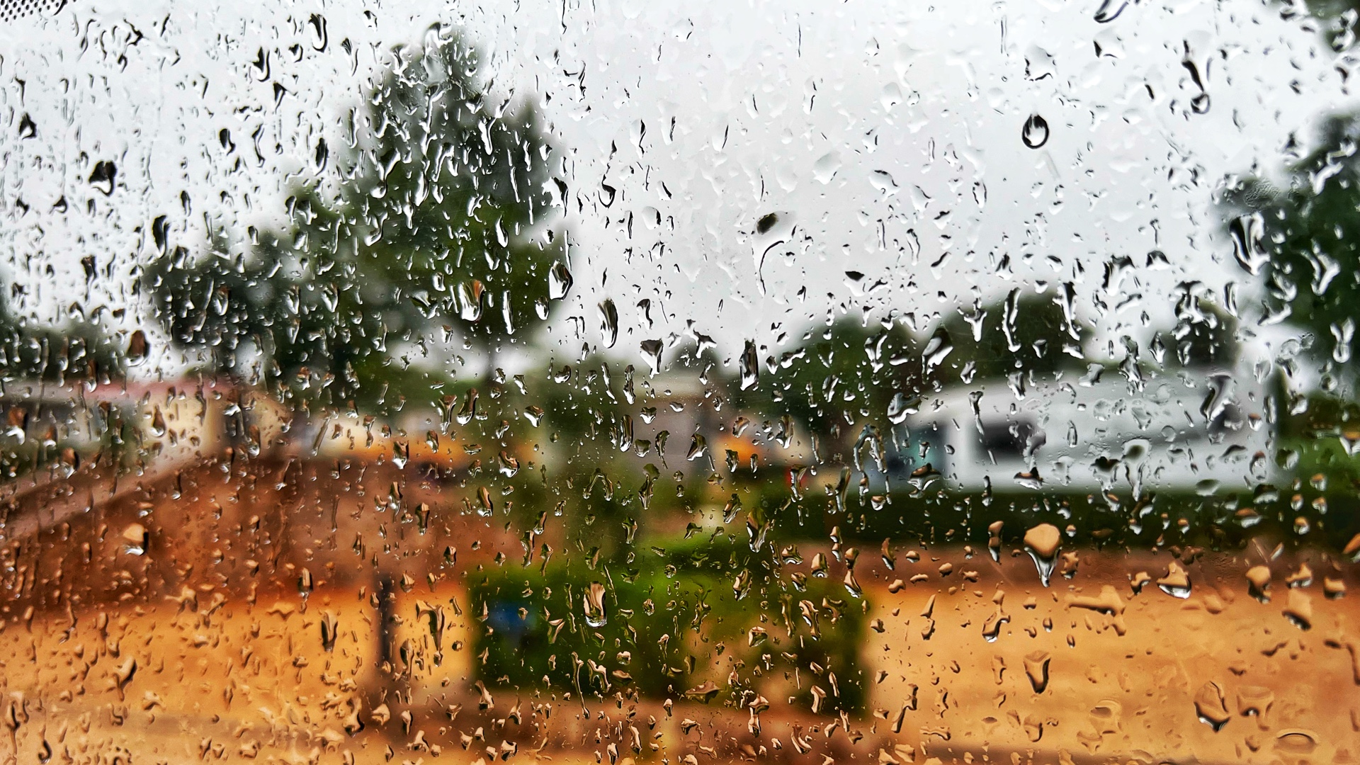 Regentropfen auf der Scheibe, Hintergrund unscharf