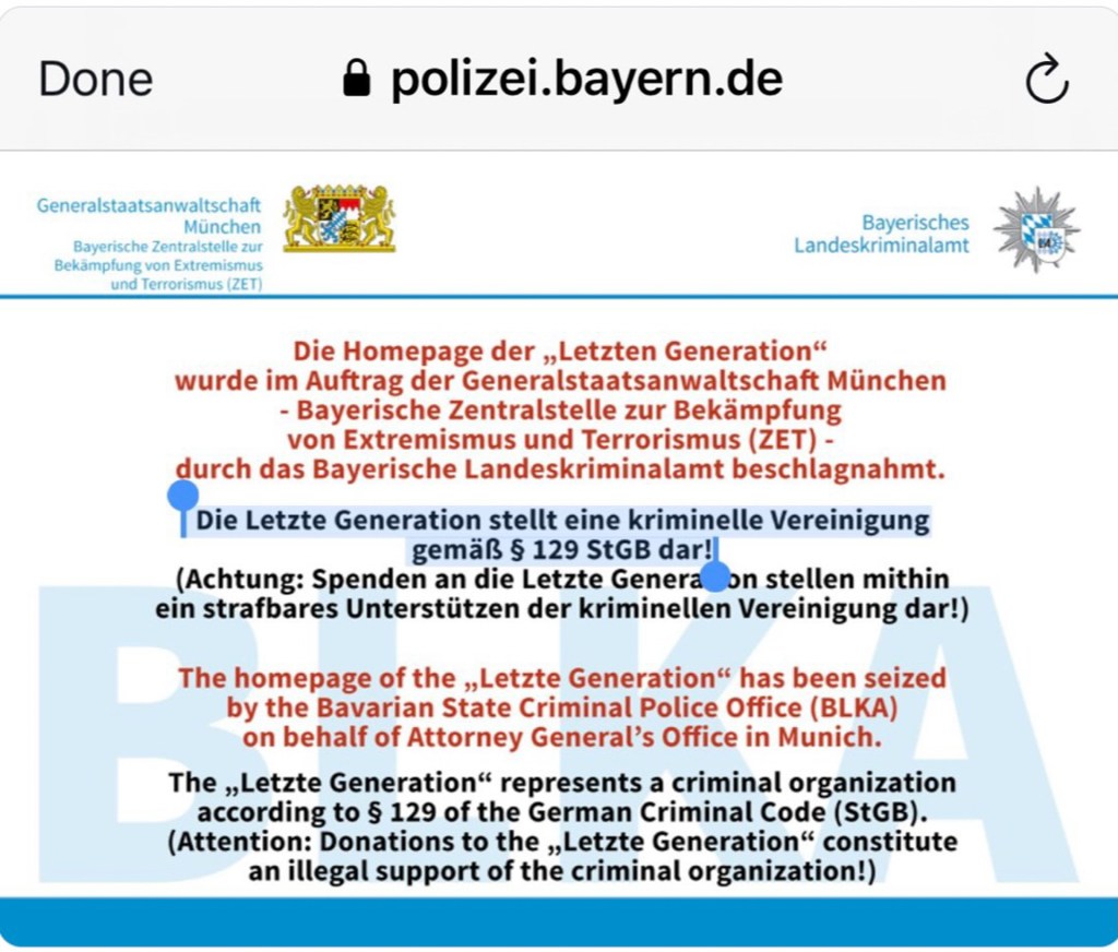 Screenshot des Textes, der erschien, nachdem der Generalstaatsanwealt Bayern die Website der "Letzten Generation" beschlagnhamt hatte