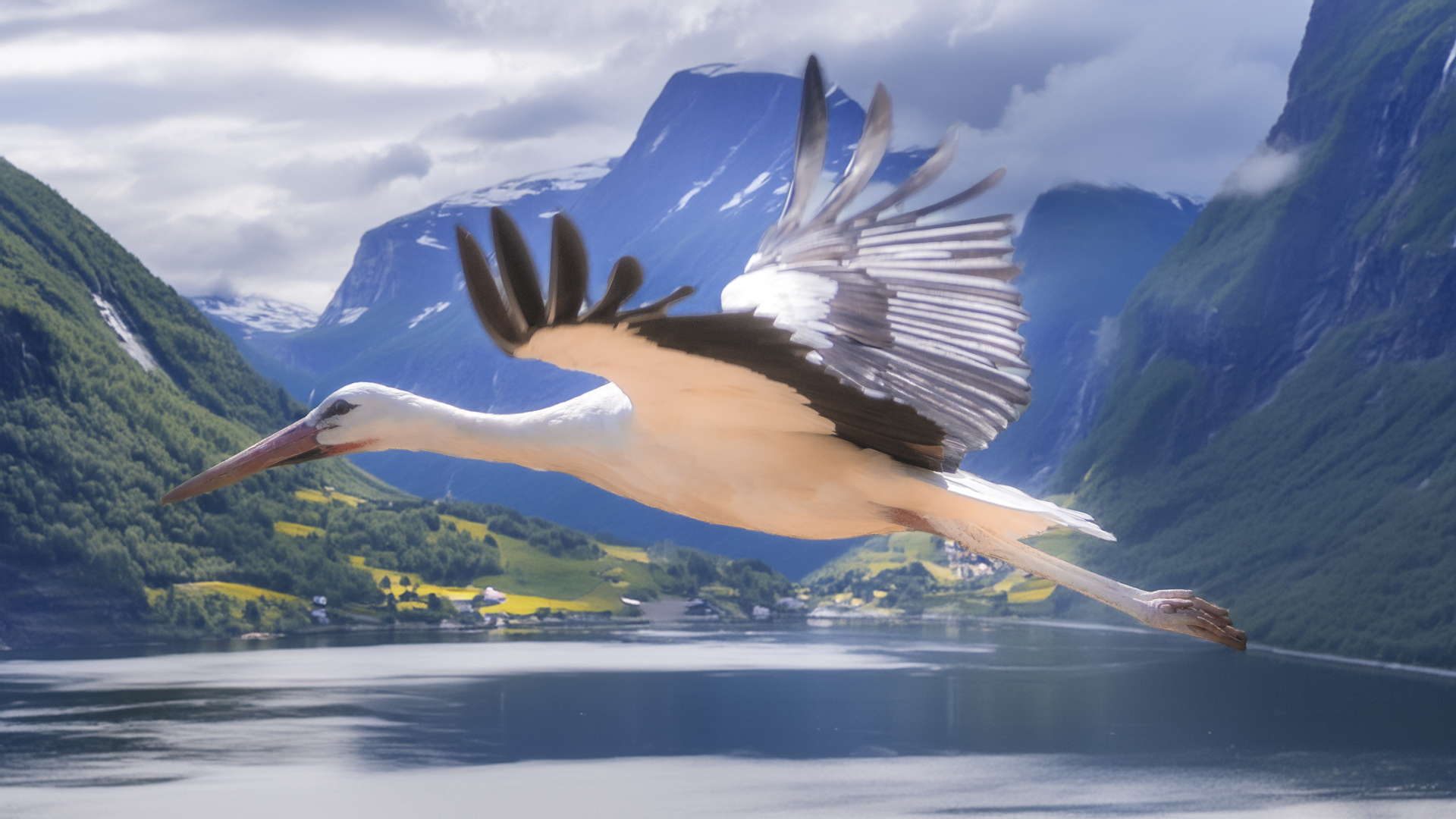 Storch im Flug vor einem Fjord (KI generiert)