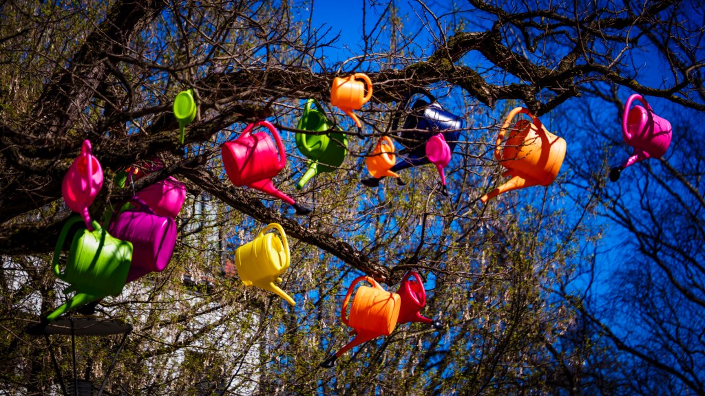Gießkannen an einem Baum
