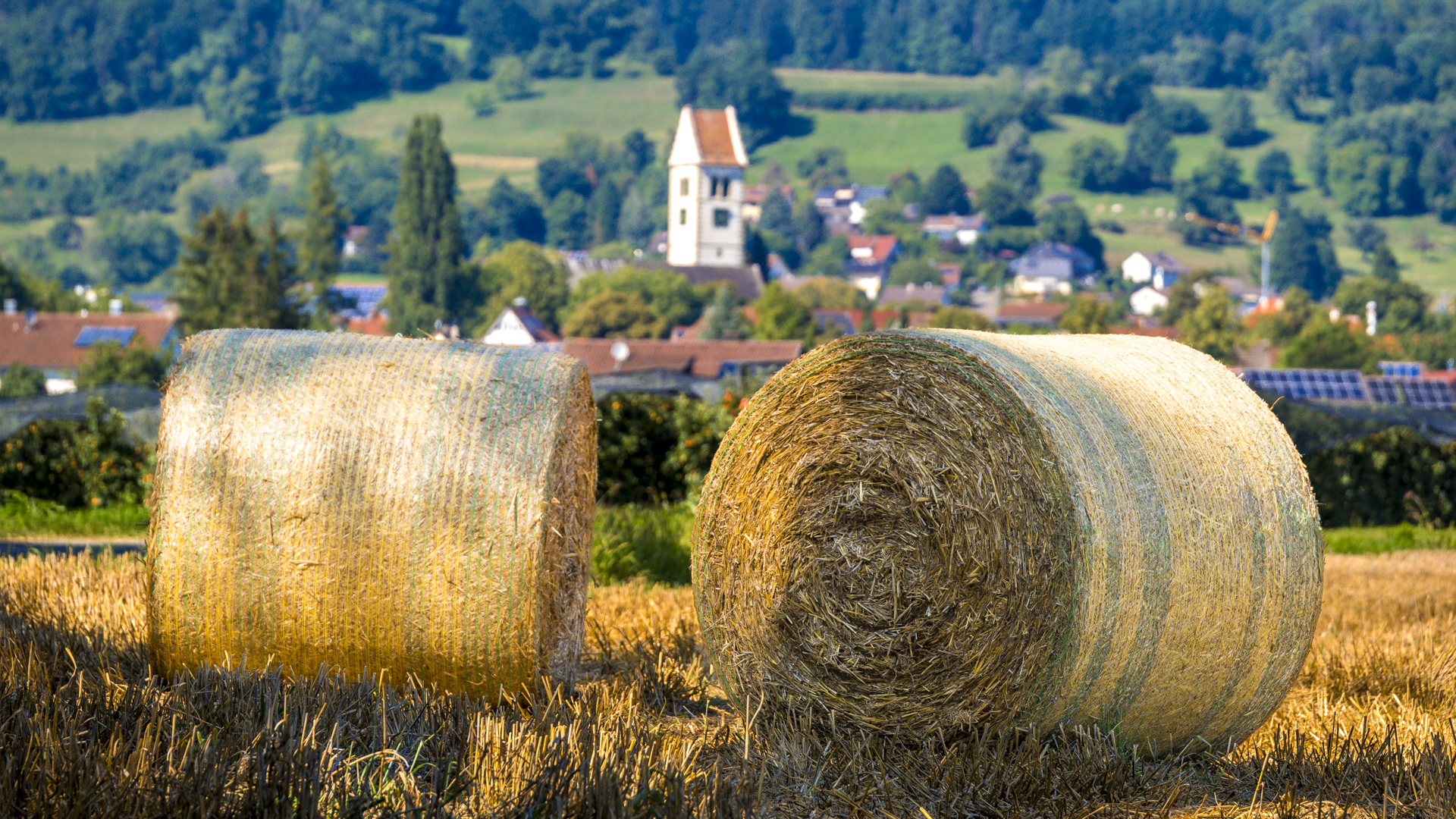 Zwei runde Strohballen vor einer Ortschaft im Hintergrund