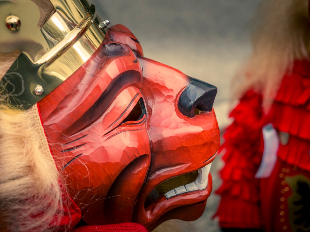 Eine Löwenmaske der Überlingen Löwinnen im seitlichen Anschnitt