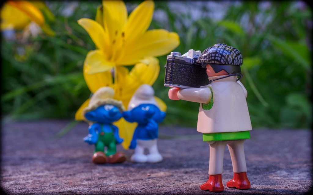 Eine Playmobilfigur mit einer Kamera steht vor zwei Schlümpfen, die vor einer gelben Blume stehen