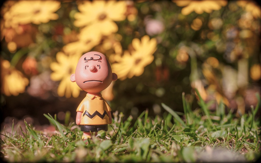 Eine Charlie Brown Figur vor einem unscharfen Hintergrund mit gelben Blumen