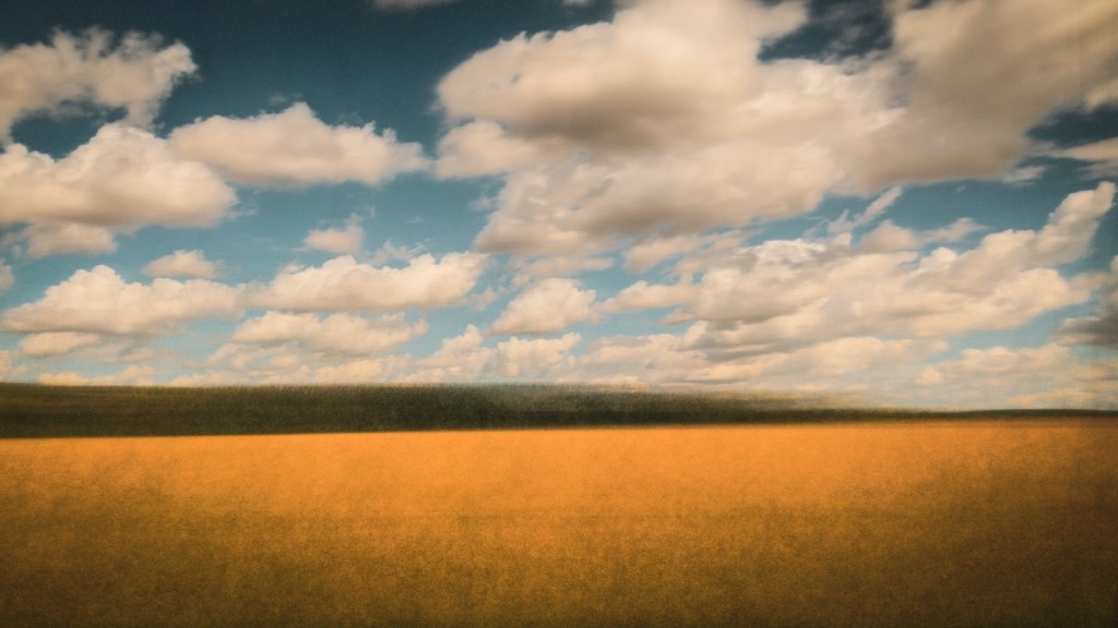Ein Himmel mit weißen Wolken über einem bunten Feld