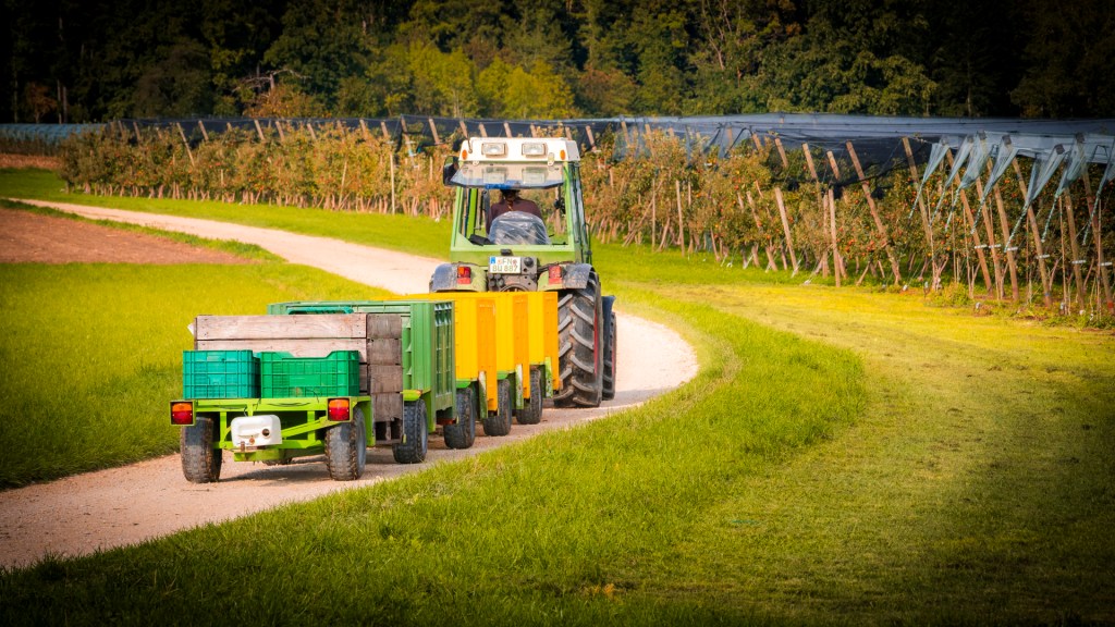 Ein kleiner Traktor mit Wägelchen fährt zur Apfelplantage.