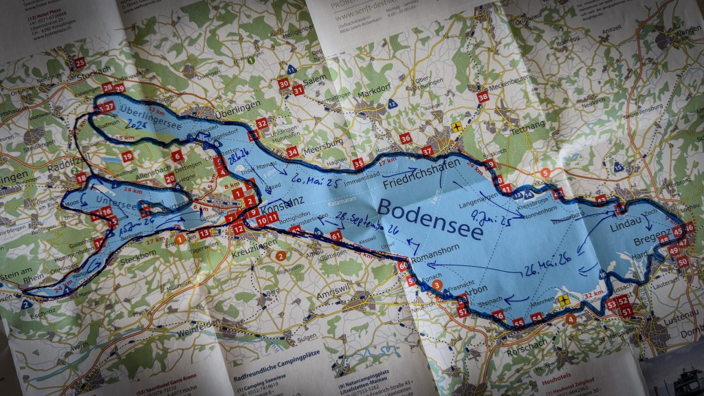 Karte des Bodensee mit eingezeichneten Etappen der Bodenseeumrundung mit dem Rad