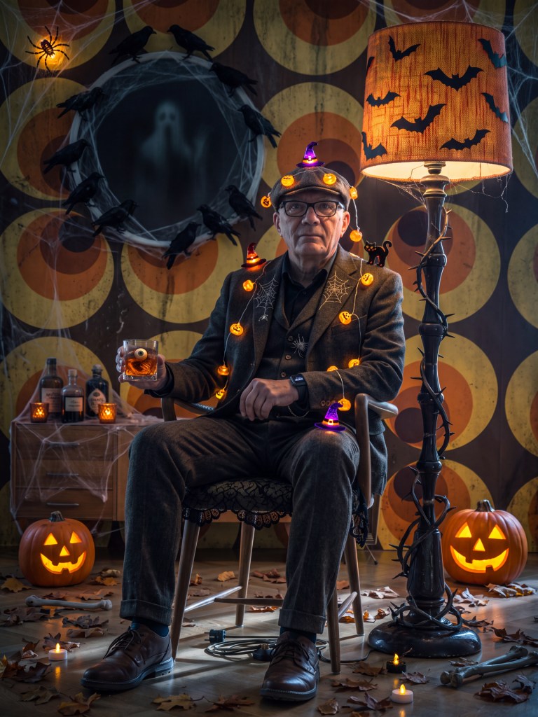 Ein Mann sitzt auf einem Stuhl, in der Hand ein Glas mit Flüssigkeit. Das Ambiente entspricht einem Halloweensetting (KI modifiziert)
