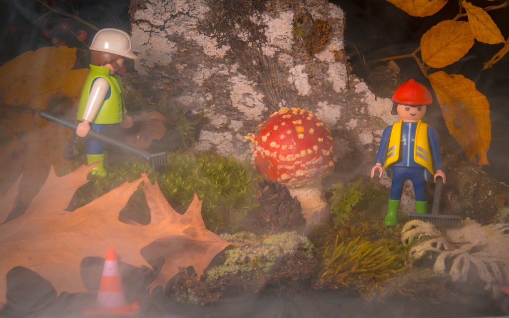 Zwei Playmobilfiguren bearbeiten mit Rechen das Umfeld um einen Fliegenpilz