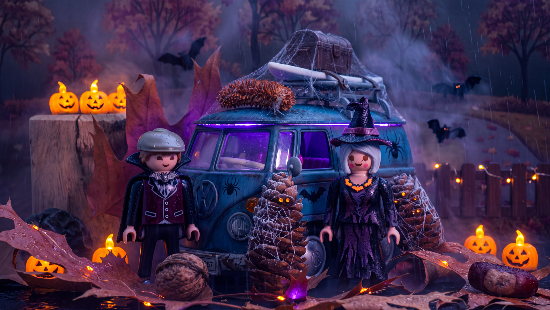 Playmobilfiguren vor einem Playmobil Bully im Halloweenlook. (KI modifiziert)
